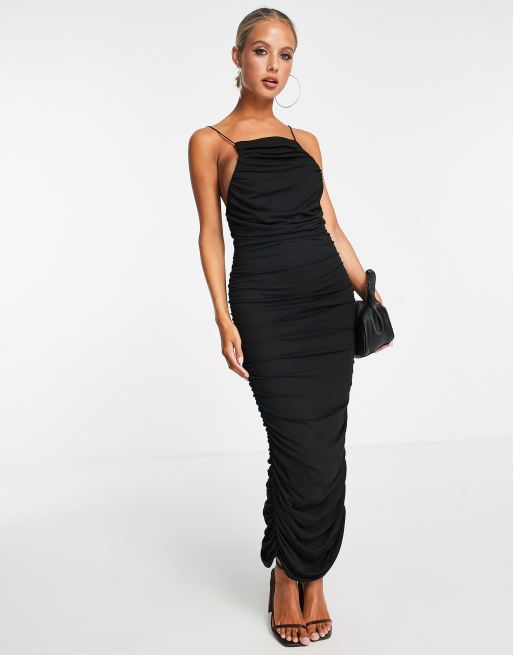 ASOS DESIGN high neck ruched midi dress in black