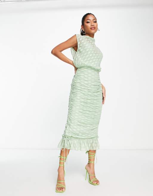 ASOS DESIGN high neck ruched midi dress in green textured pattern