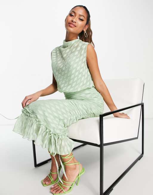 Green One Shoulder Textured Ruched Midi Dress