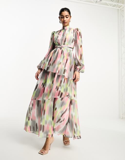 ASOS DESIGN high neck ruched waist maxi tea dress in blurred multi print