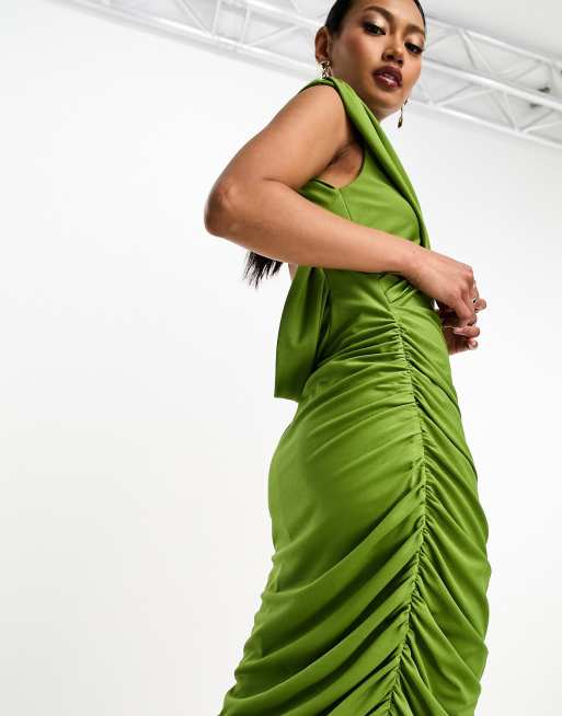 ASOS Design Drape Midi Dress with Wrap Skirt in Textured Fabric in Green