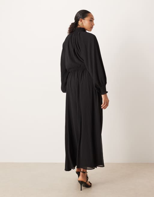 ASOS DESIGN high neck ruffle detail chiffon maxi dress in black, 4 of 4