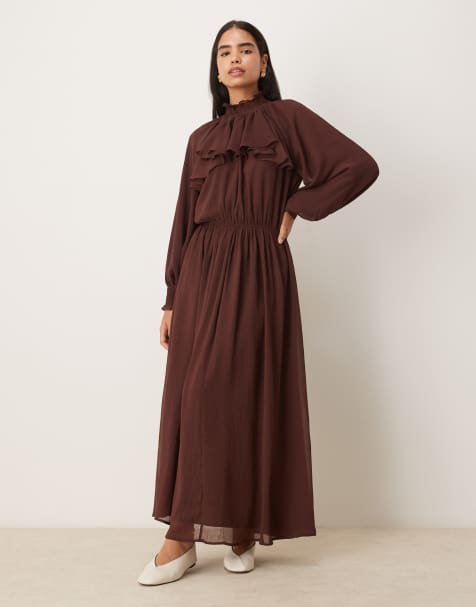 ASOS DESIGN high neck ruffle detail chiffon maxi dress in chocolate - view 1