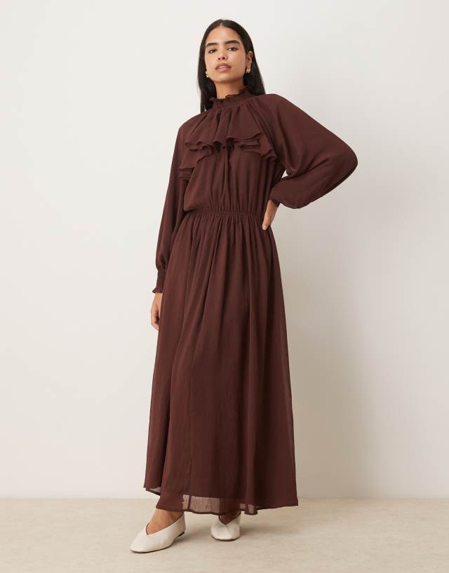 ASOS Design High Neck Ruffle Detail chiffon Maxi Dress in chocolate-Blue