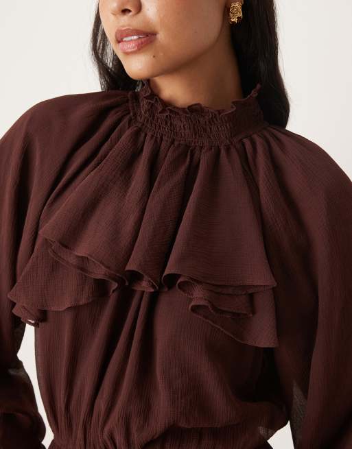 ASOS DESIGN high neck ruffle detail chiffon maxi dress in chocolate , 2 of 4