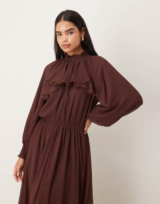 ASOS DESIGN high neck ruffle detail chiffon maxi dress in chocolate , 3 of 4