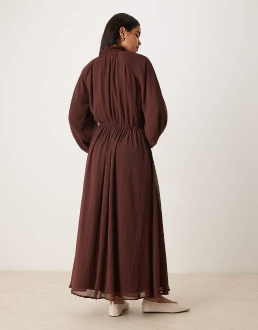 ASOS DESIGN high neck ruffle detail chiffon maxi dress in chocolate , 4 of 4