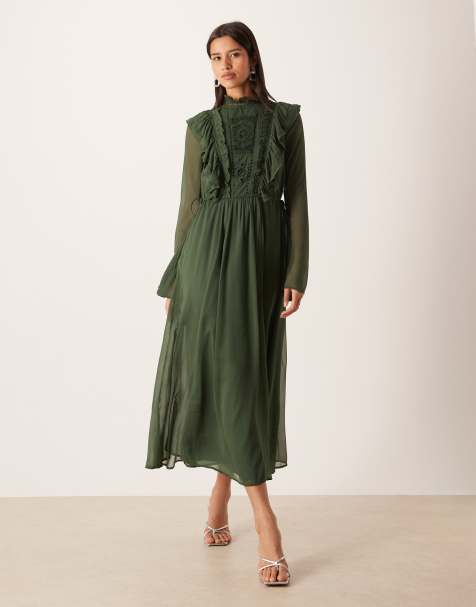 ASOS DESIGN high neck ruffle maxi dress with lace inserts and ties in forest green - view 1