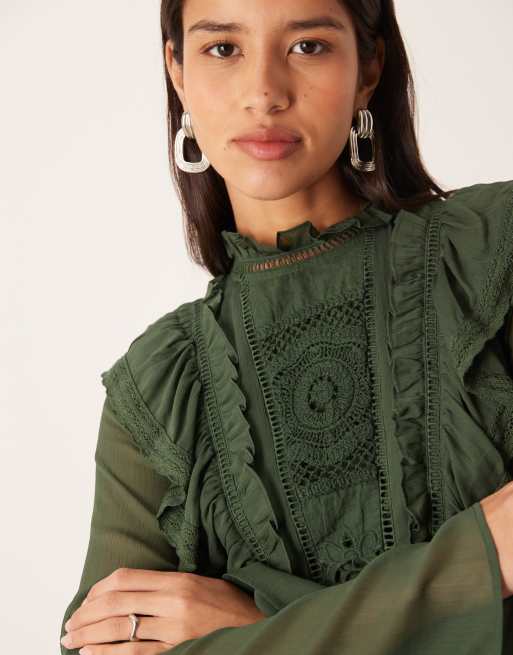 ASOS DESIGN high neck ruffle maxi dress with lace inserts and ties in forest green, 3 of 4