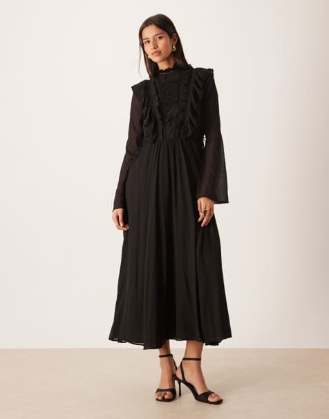 ASOS DESIGN high neck ruffle maxi dress with lace inserts and ties in midnight black - view 1