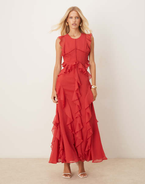 ASOS DESIGN high neck ruffle maxi dress with lace inserts in dark cherry - view 1