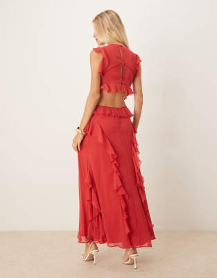 Asos Design High Neck Ruffle Maxi Dress With Lace Inserts In Red