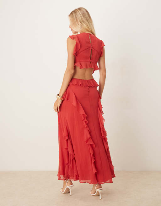 ASOS DESIGN high neck ruffle maxi dress with lace inserts in dark cherry