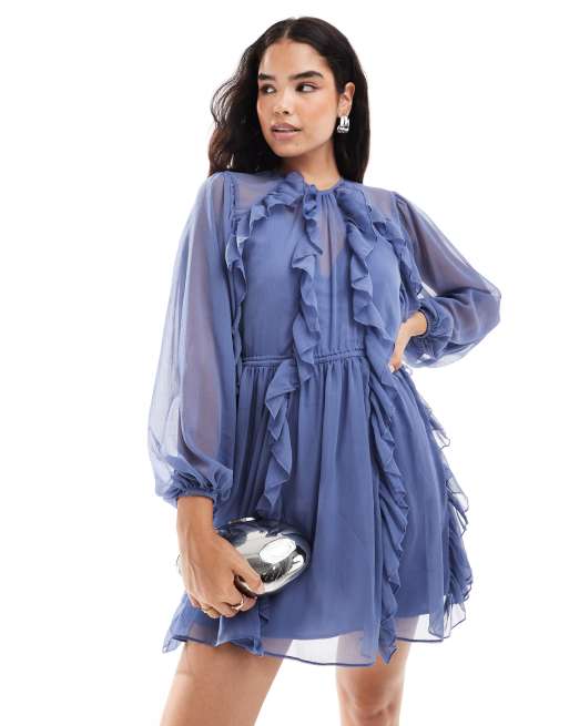 blue ruffle dress asos Rent Asos Luxe Ruffle Tulle Maxi Dress In Blue main image 1