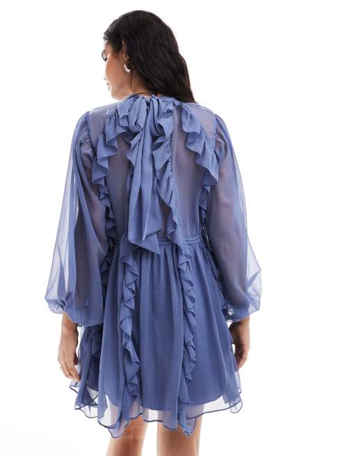 asos blue frill dress ASOS DESIGN flutter sleeve ruffle midi dress with cut out in cornflower blue