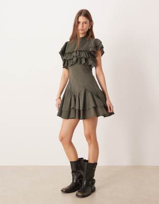 Asos Design High Neck Ruffle Mini Dress With Shirring In Gray