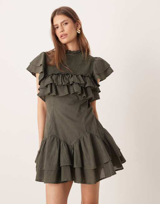 ASOS DESIGN high neck ruffle mini dress with shirring in charcoal gray |  ASOS