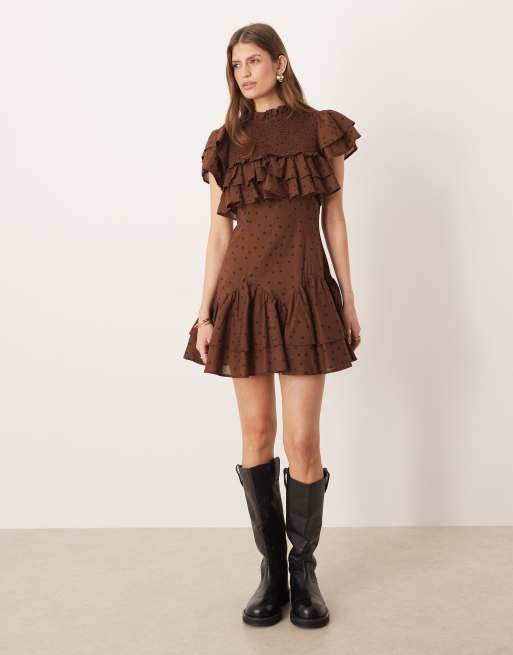 knee length dresses for ladies Emersyn Neutrals High-Neck Ruffled Detail Mini Dress, S / Neutrals main image 0