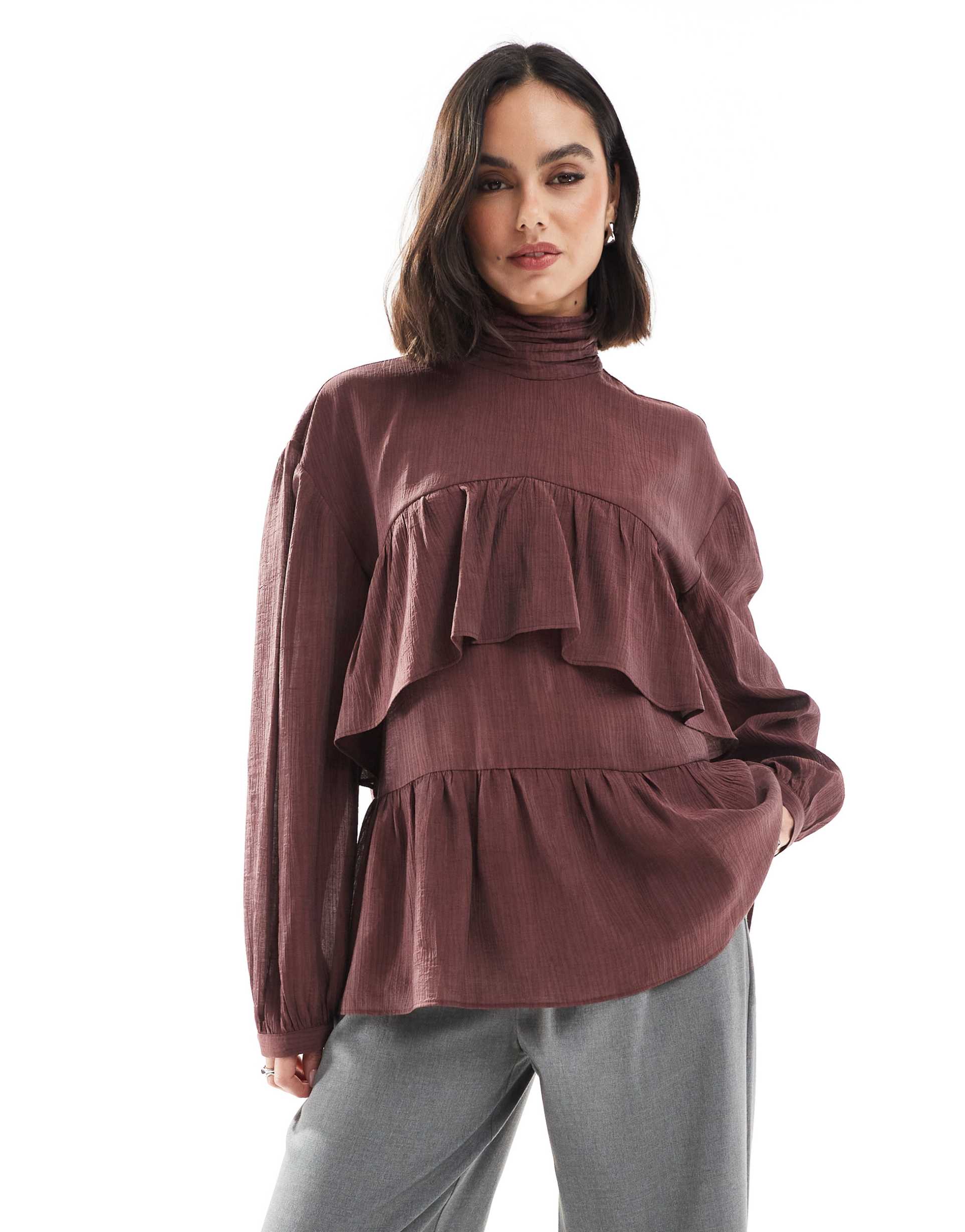 asos design high neck ruffle top in brown