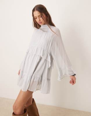 Asos Design High Neck Ruffled Mini Dress In Blue