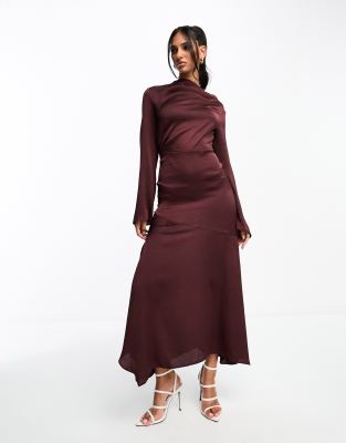 Isola | Burgundy Asymmetric-Neck Midi Dress With Hanky-Hem main image 0