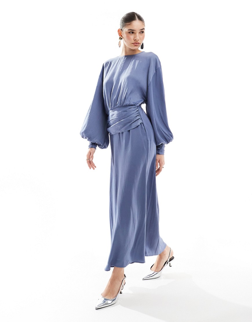 Asos Design High Neck Satin Asymmetric Hem Maxi Dress In Smoky Blue