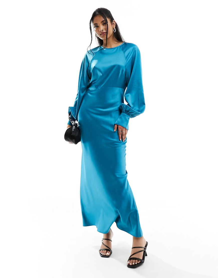 Asos Design Satin Twist Front Maxi Dress With Balloon Sleeve In Turquoise-blue In Copper