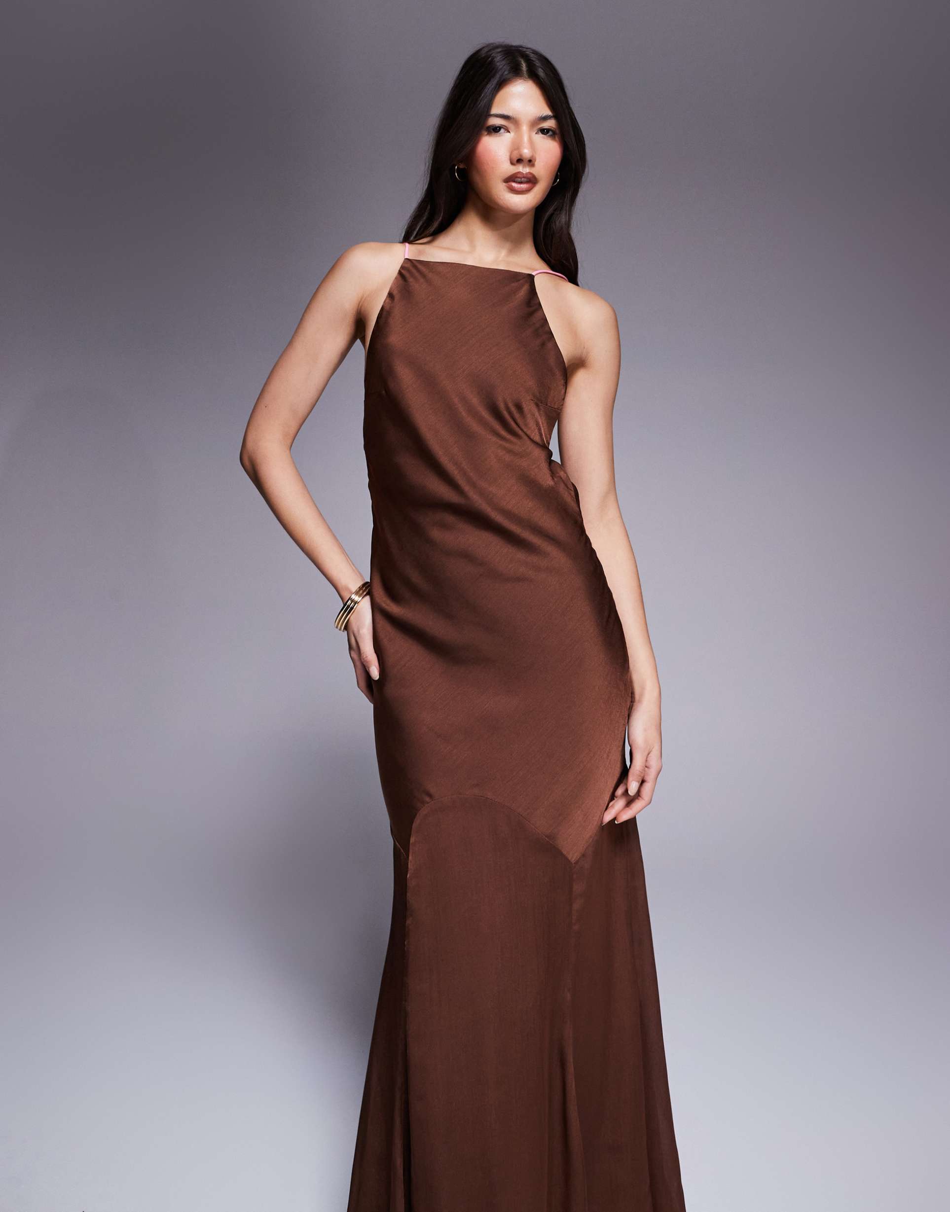 asos design high neck satin bias fishtail maxi dress in brown