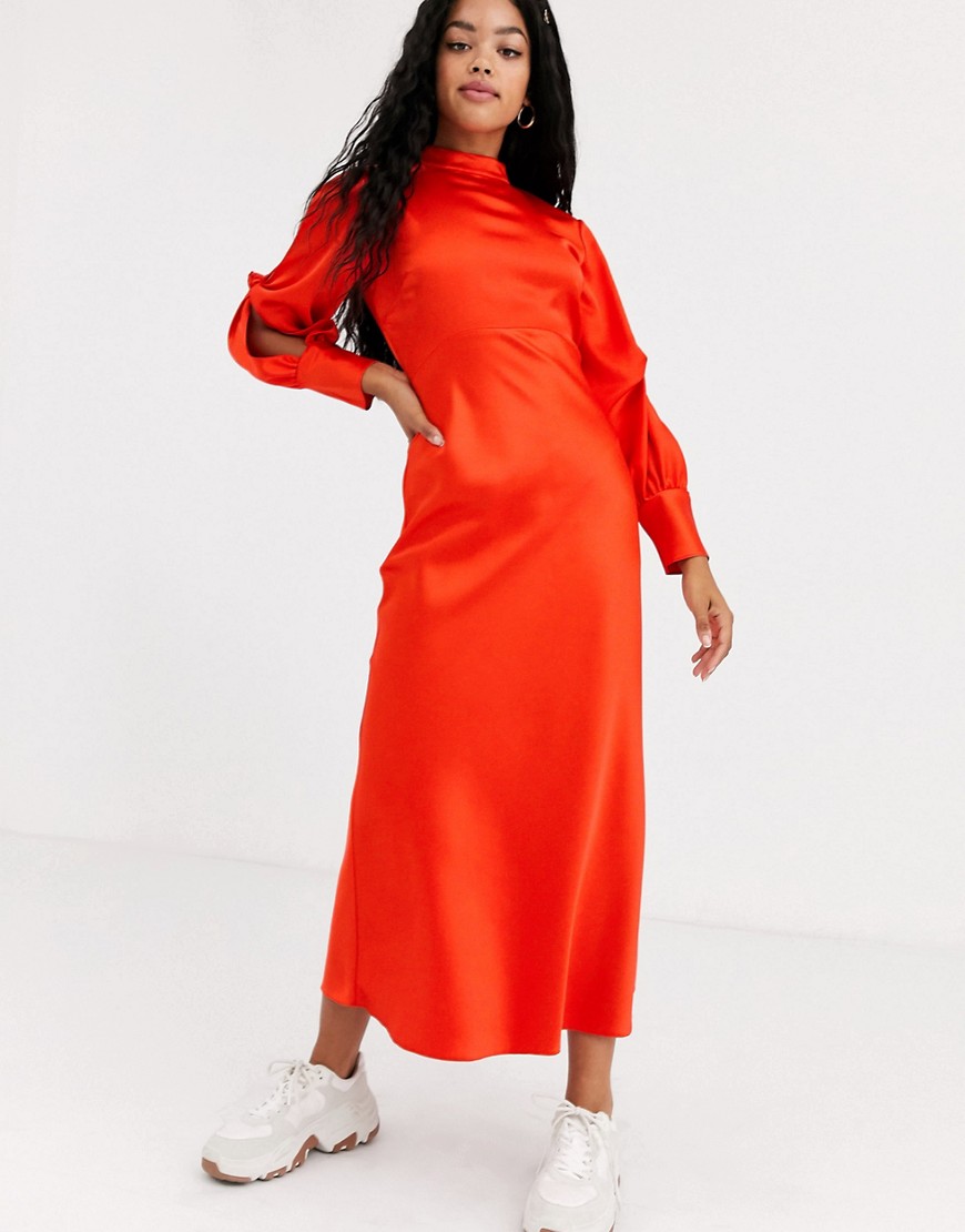 Asos Design High Neck Satin Bias Maxi Dress With Knot Sleeve Detail-red