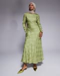 [ASOS DESIGN] ASOS DESIGN high neck satin checkerboard maxi dress in sage green 10 Sage green
