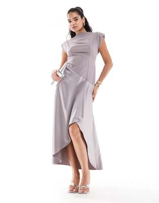 ASOS DESIGN high neck satin contrast midaxi dress in grey