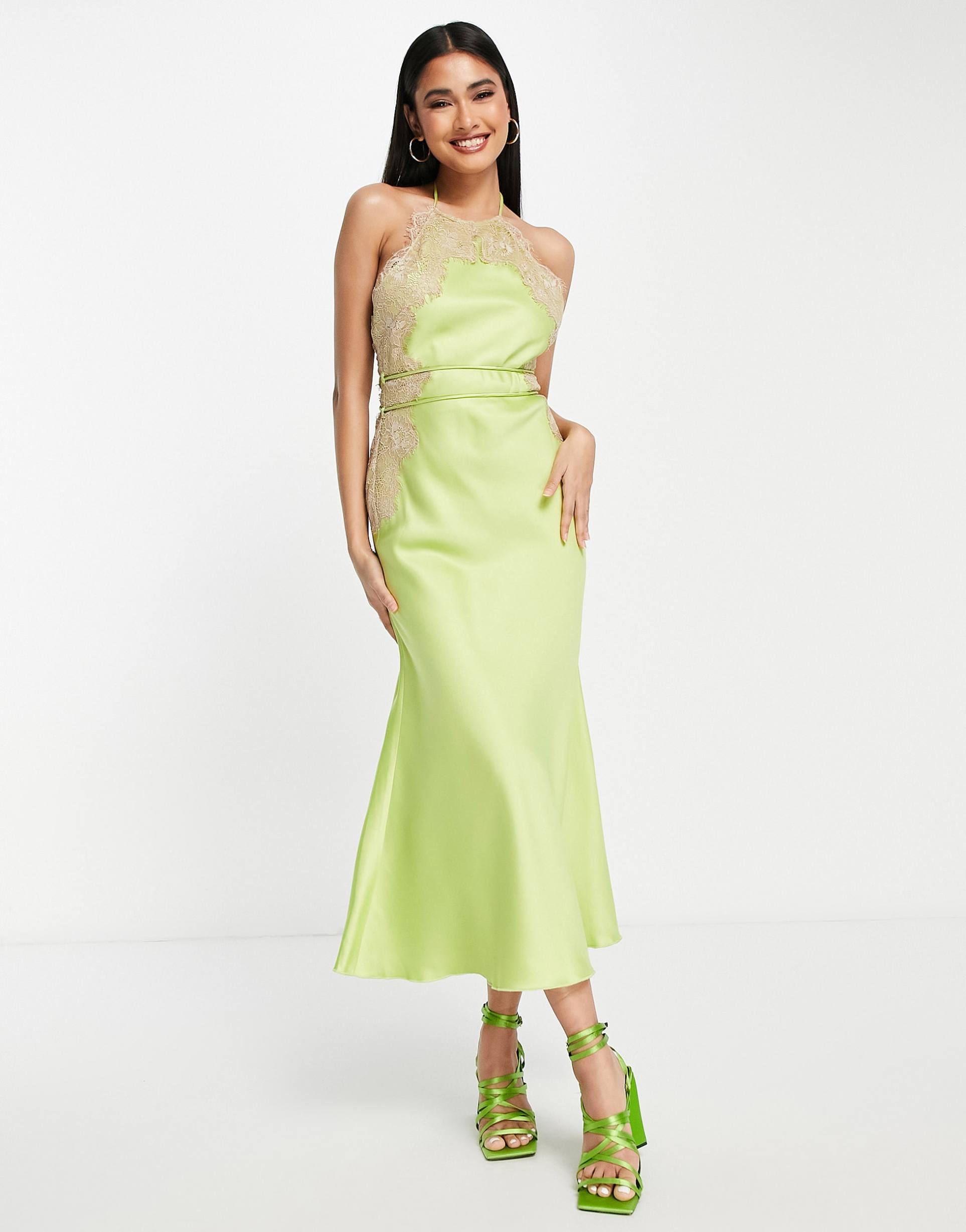 asos design high neck satin lace applique midi dress in green with strappy belt