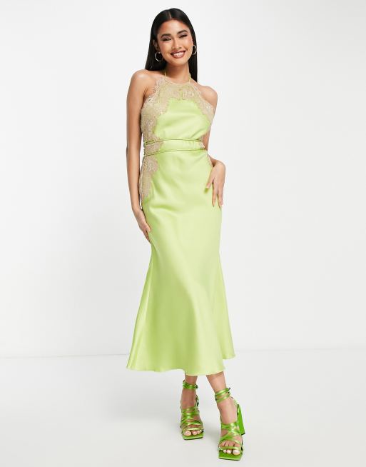 ASOS DESIGN high neck satin lace applique midi dress in green with strappy  belt