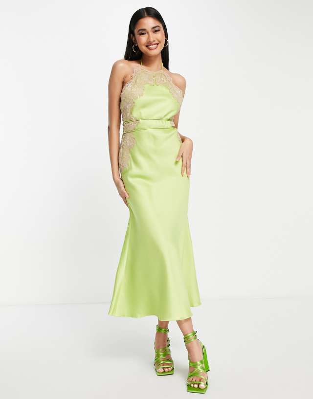 ASOS DESIGN high neck satin lace applique midi dress in green with strappy belt