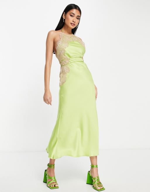 ASOS DESIGN high neck satin lace applique midi dress in green with strappy  belt