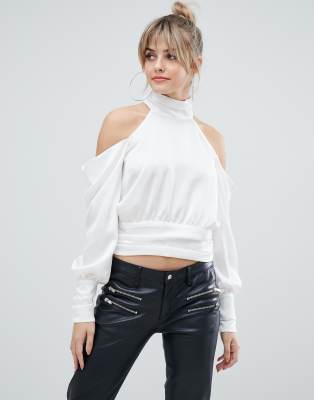 high neck open shoulder top