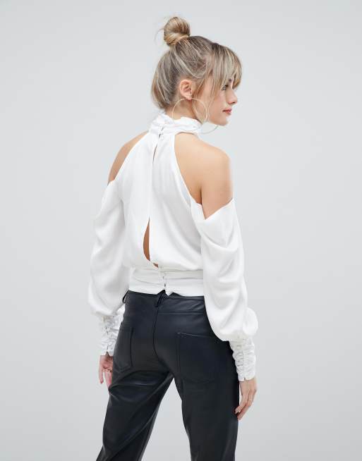 High neck open store shoulder top