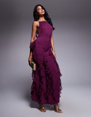 Asos Design High Neck Satin Low Back Maxi Dress With Chiffon Mix Ruffles In Purple