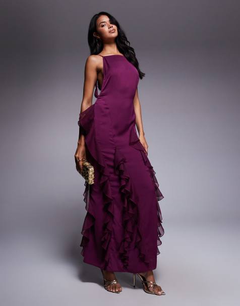 ASOS DESIGN high neck satin low back maxi dress with chiffon mix ruffles in plum - view 1