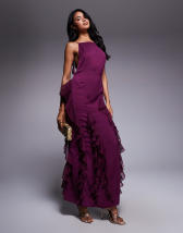 ASOS DESIGN twist shoulder mesh maxi dress with lace up back in yellow and orange floral print