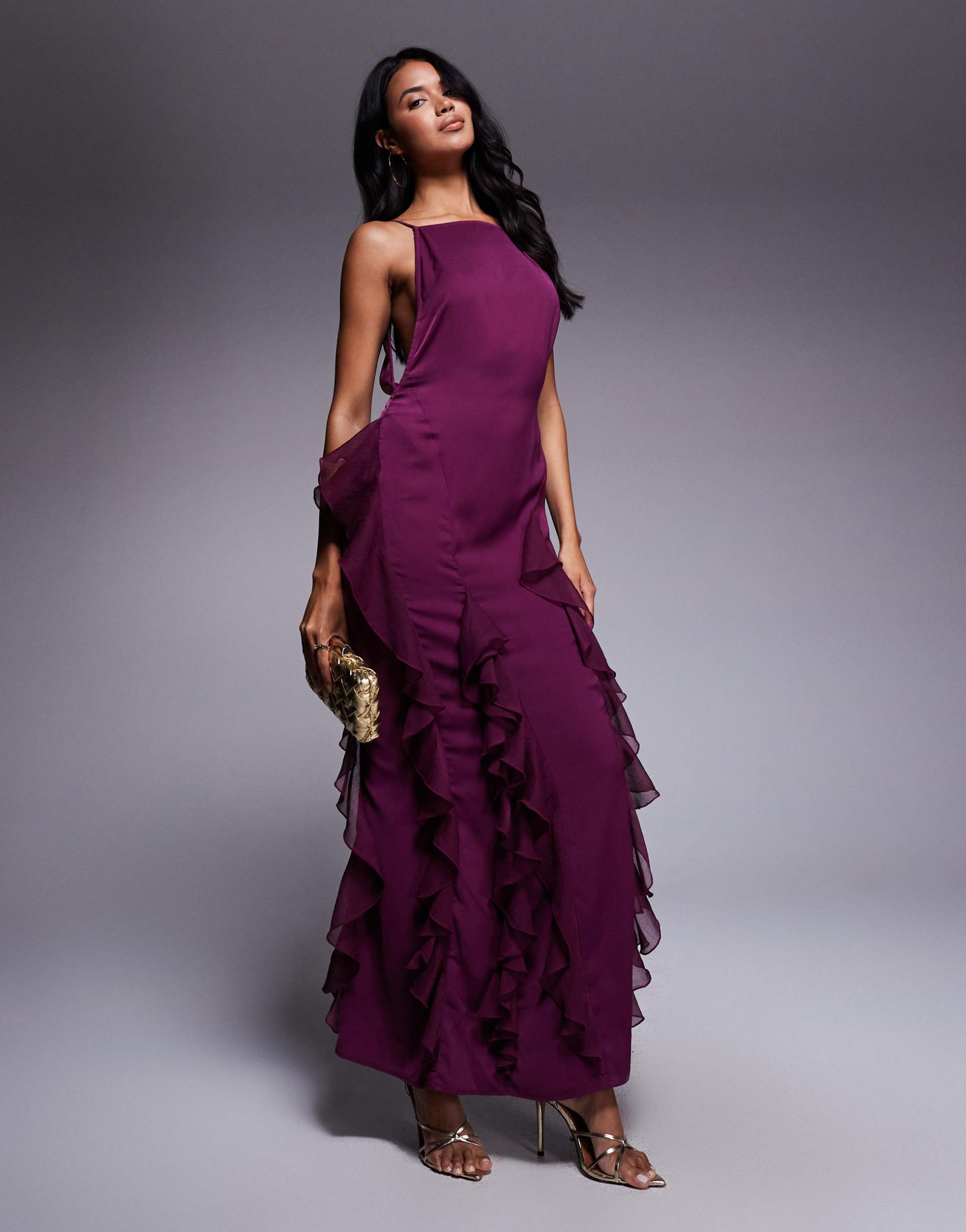asos design high neck satin low back maxi dress with chiffon mix ruffles in plum