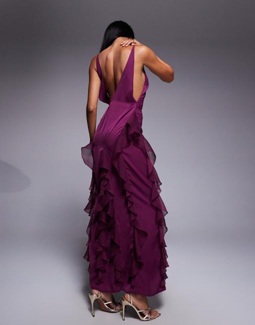 ASOS DESIGN high neck satin low back maxi dress with chiffon mix ruffles in plum