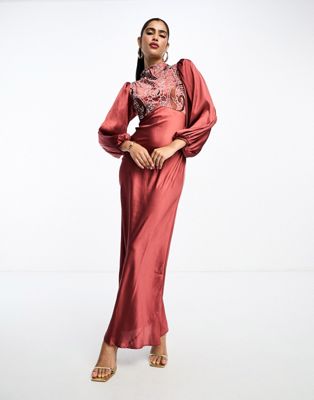 ASOS DESIGN high neck satin maxi dress with embroidery in burgundy