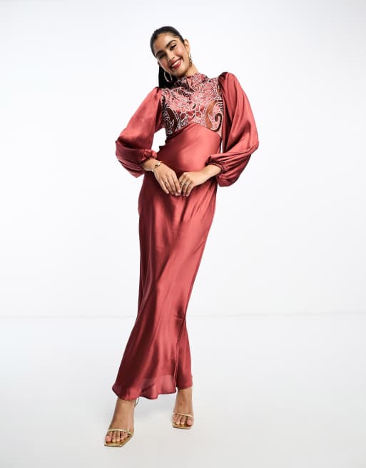 ASOS DESIGN high neck satin maxi dress with embroidery in burgundy, 4 of 4