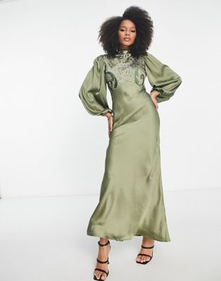 ASOS DESIGN high neck satin maxi dress with embroidery in olive green