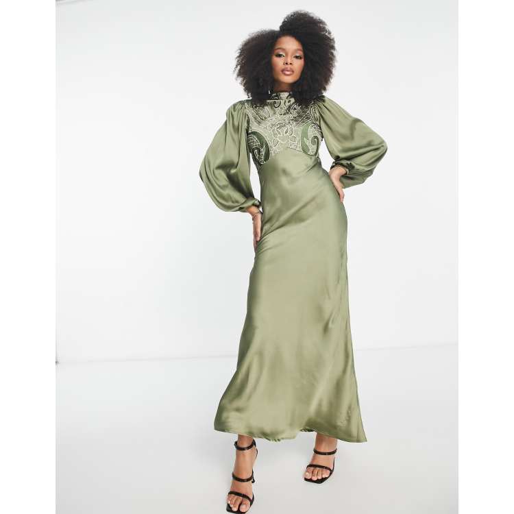 Olive green maxi sale dress long sleeve