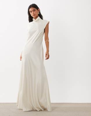Asos Design High Neck Satin Maxi Dress With Godets In White
