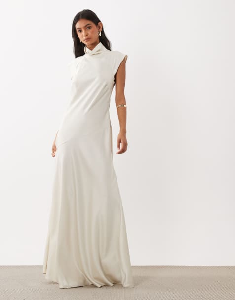 ASOS DESIGN high neck satin maxi dress with godets in oyster - view 1