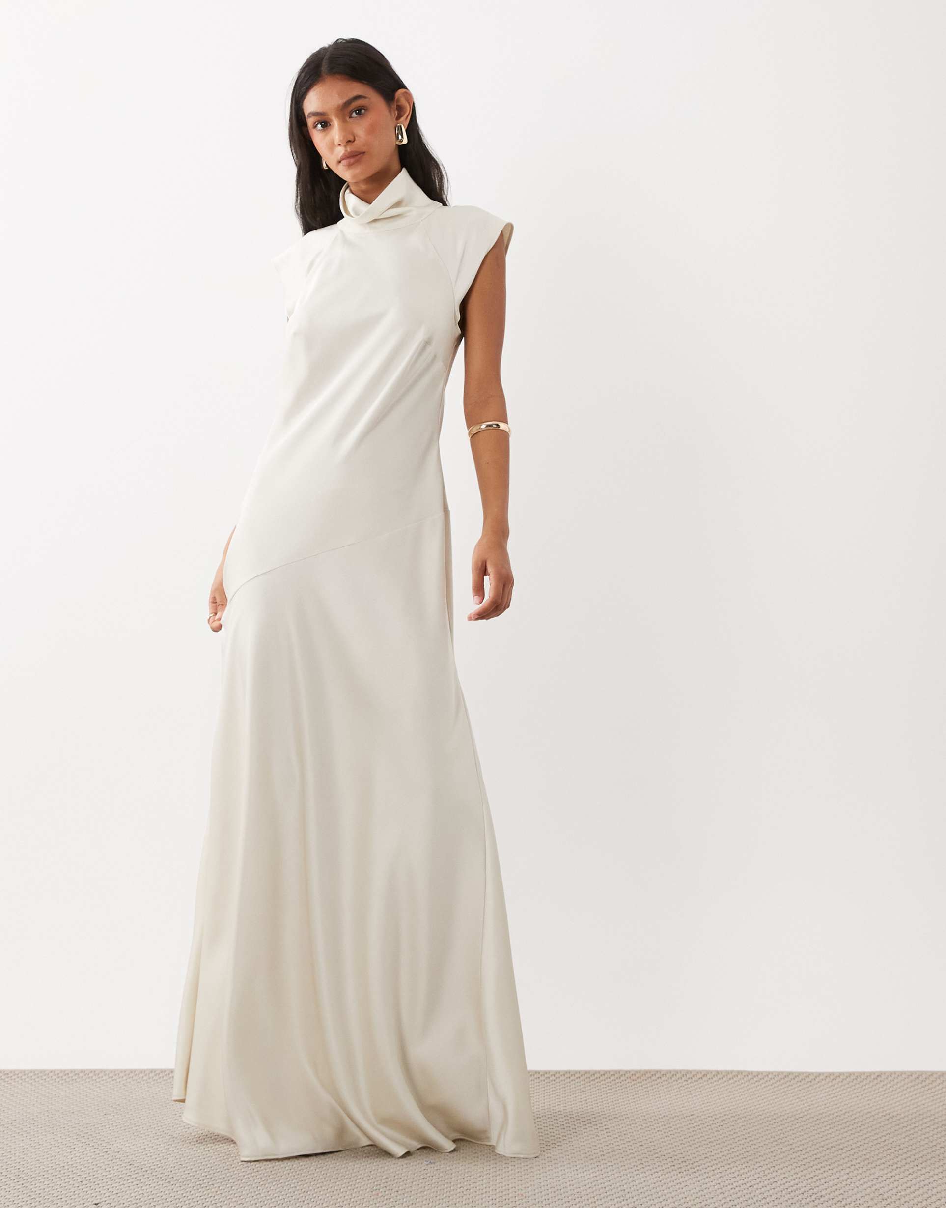 asos design high neck satin maxi dress with godets in oyster