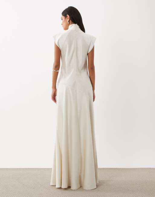 ASOS DESIGN high neck satin maxi dress with godets in oyster, 4 of 4